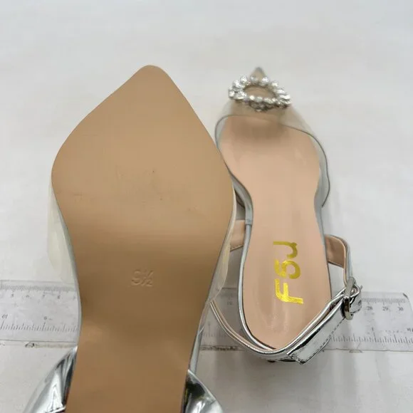 FSJ Women's Silver Heels Dress Shoes Wedding Shoes, Bride Silver Rhinestone - Picture 5 of 7